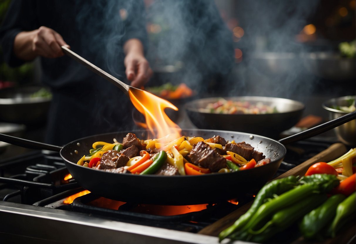 A sizzling wok tosses marinated beef, vibrant vegetables, and aromatic spices, creating a mouthwatering aroma. Flames dance beneath the pan as the chef expertly wields the spatula, mastering the stir fry technique