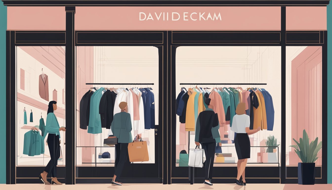 A sleek and modern storefront with bold signage and a line of customers outside. The interior is well-lit with stylish displays showcasing the latest fashion pieces from David Beckham's brand