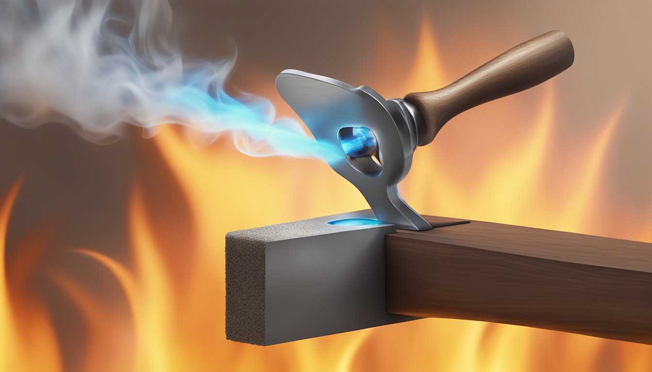 A hand holds a branding iron against a hot flame, creating smoke and sizzling sound