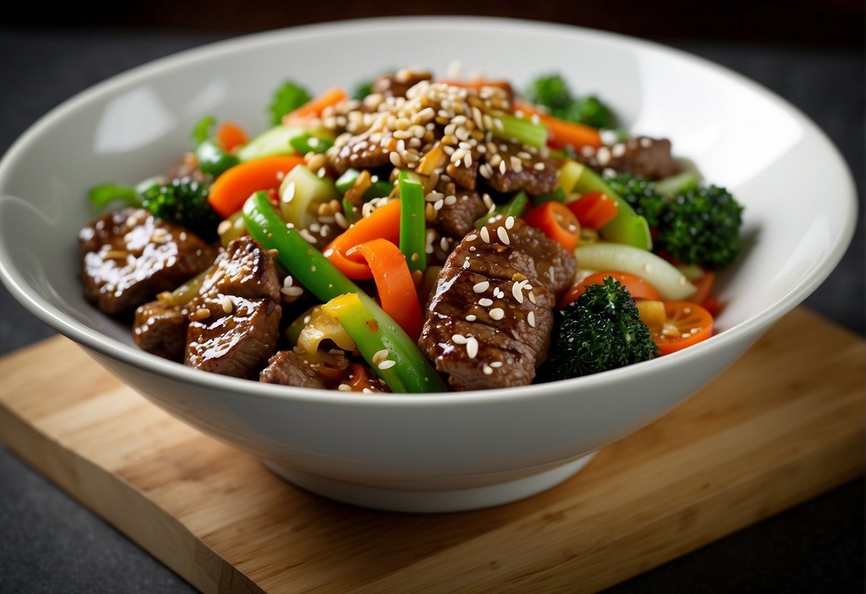 A sizzling wok of Chinese beef stir fry with vibrant vegetables and savory sauce, garnished with sesame seeds and green onions