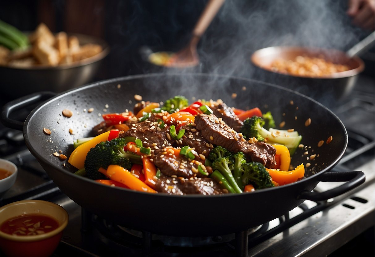 Sizzling beef and colorful vegetables toss in a hot wok, steam rising, with a sprinkle of sesame seeds and a drizzle of savory sauce