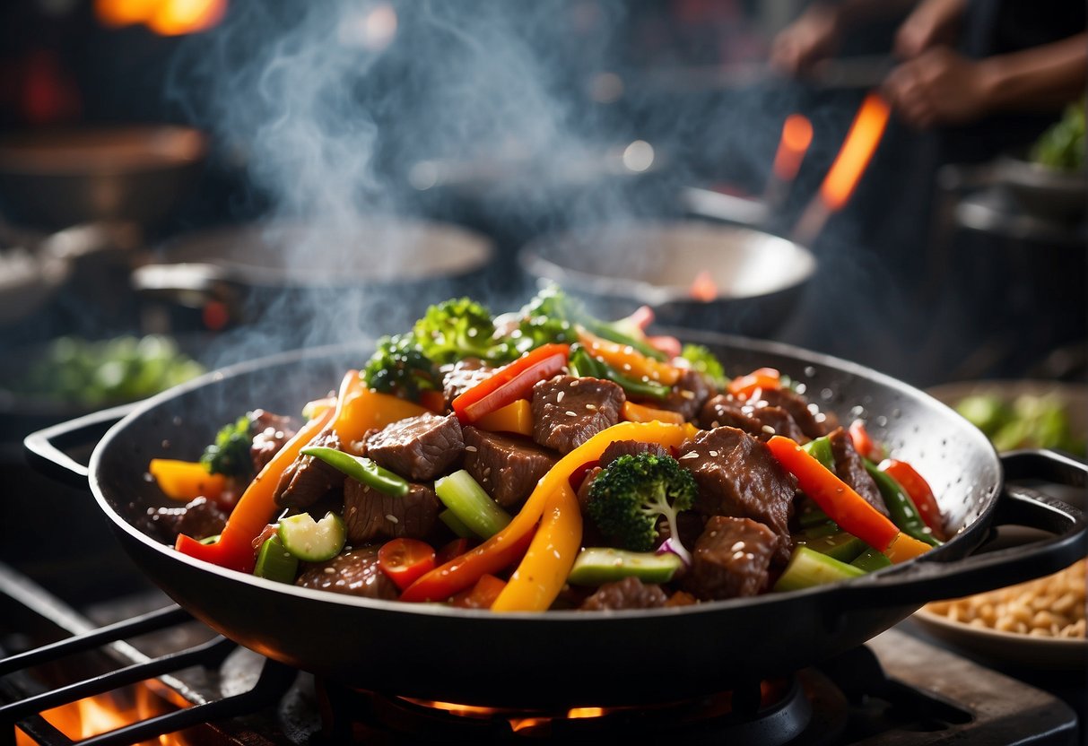 A sizzling wok filled with tender beef, colorful vegetables, and savory sauce. Steam rises as the ingredients are tossed together, creating a mouthwatering Chinese beef stir fry