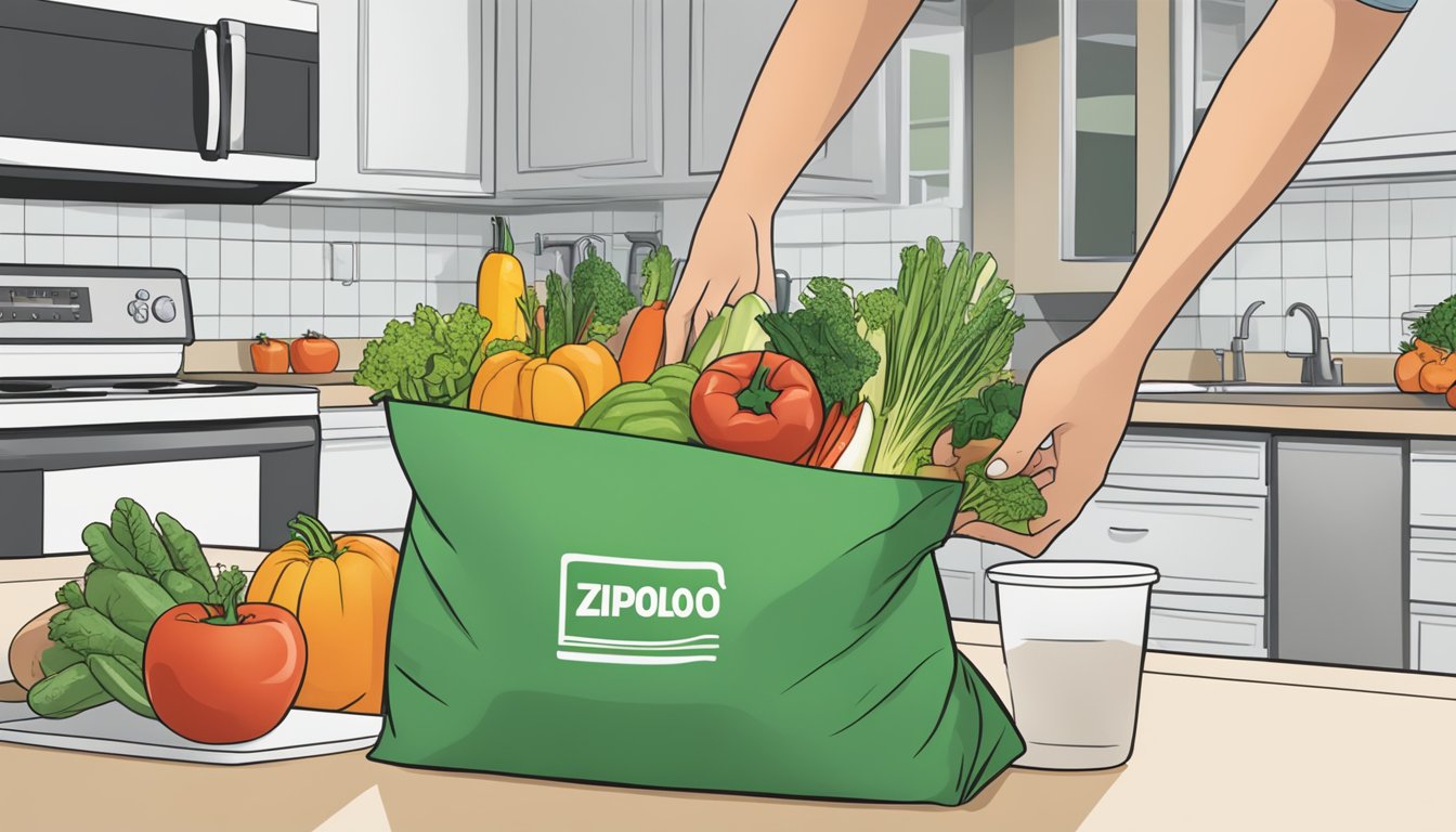 A hand reaching for a Ziploc brand bag, filled with fresh produce, sitting on a kitchen counter