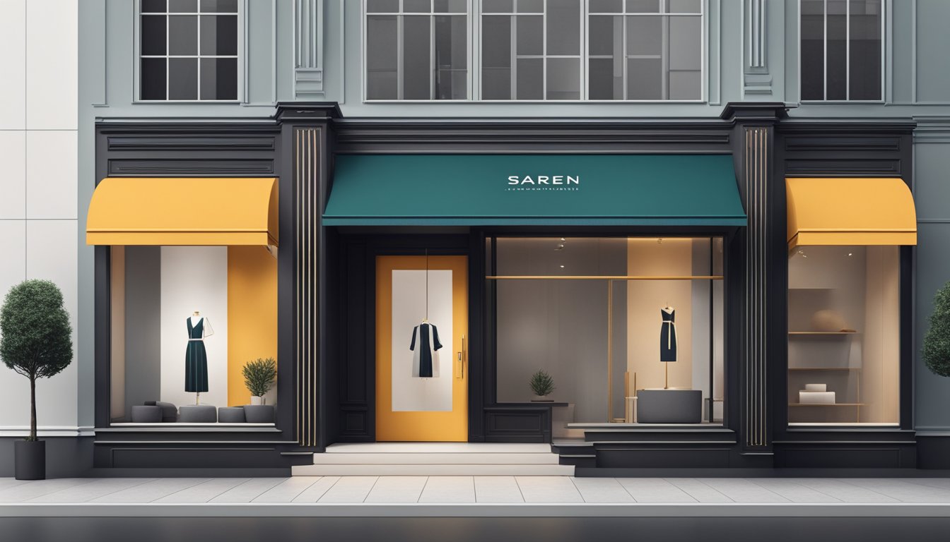 A sleek, modern storefront with bold, clean branding. Display windows showcase stylish, high-quality garments. A minimalist logo adorns the entrance