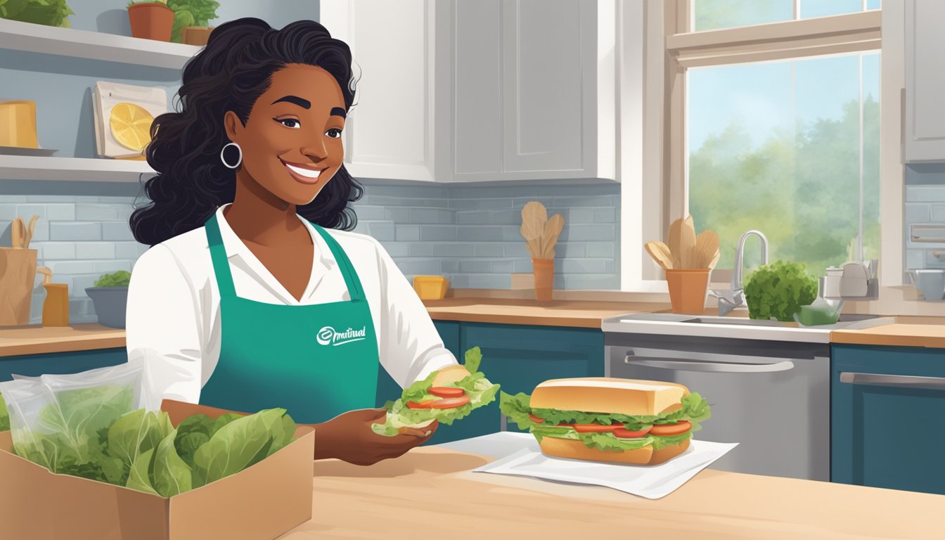 A customer happily seals a fresh sandwich in a Ziploc bag, with the brand logo prominently displayed. The bag sits on a clean kitchen counter, surrounded by fresh ingredients and a bright, inviting atmosphere
