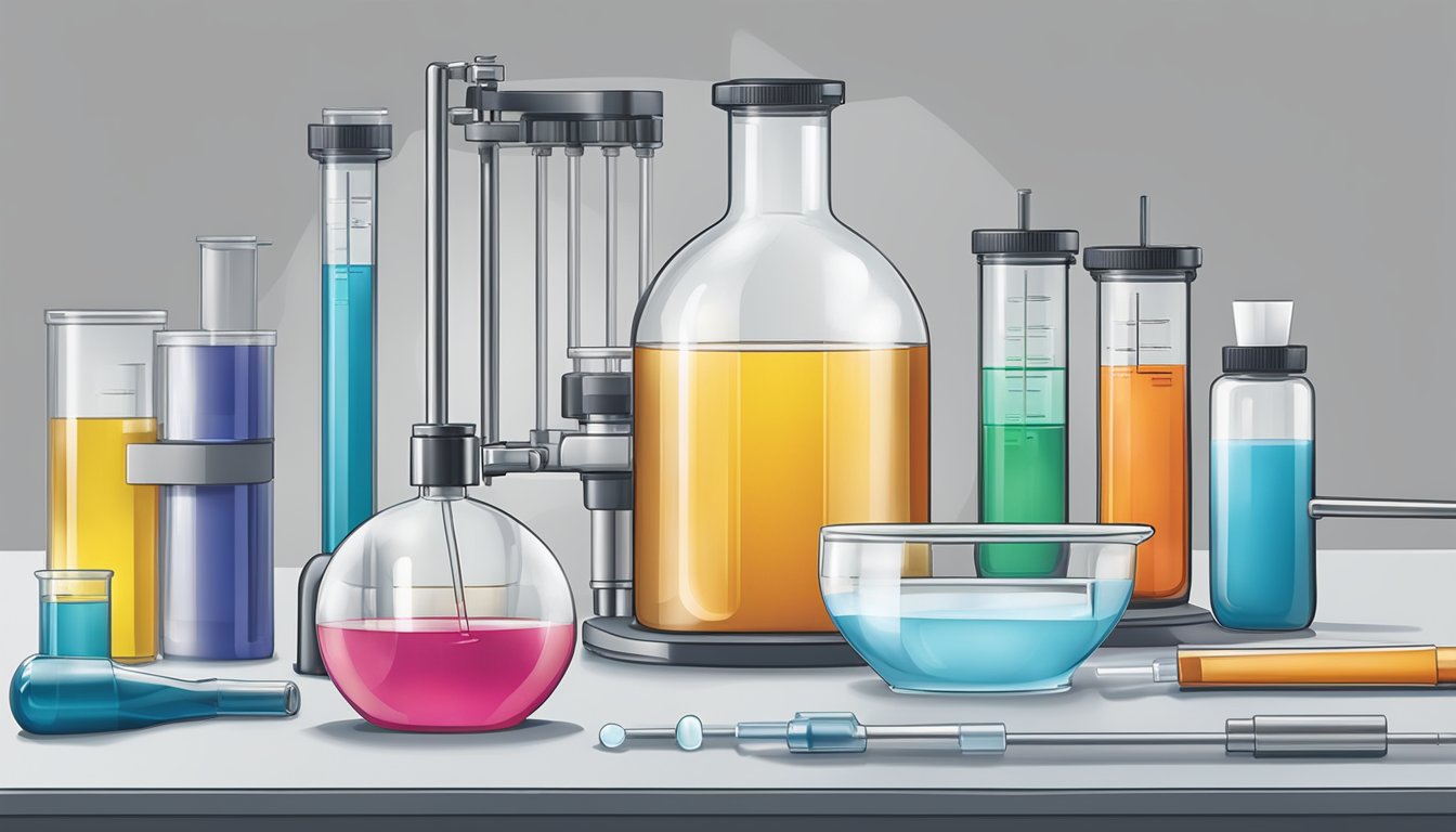 A dispensette brand bottle standing on a laboratory bench next to a beaker and pipette