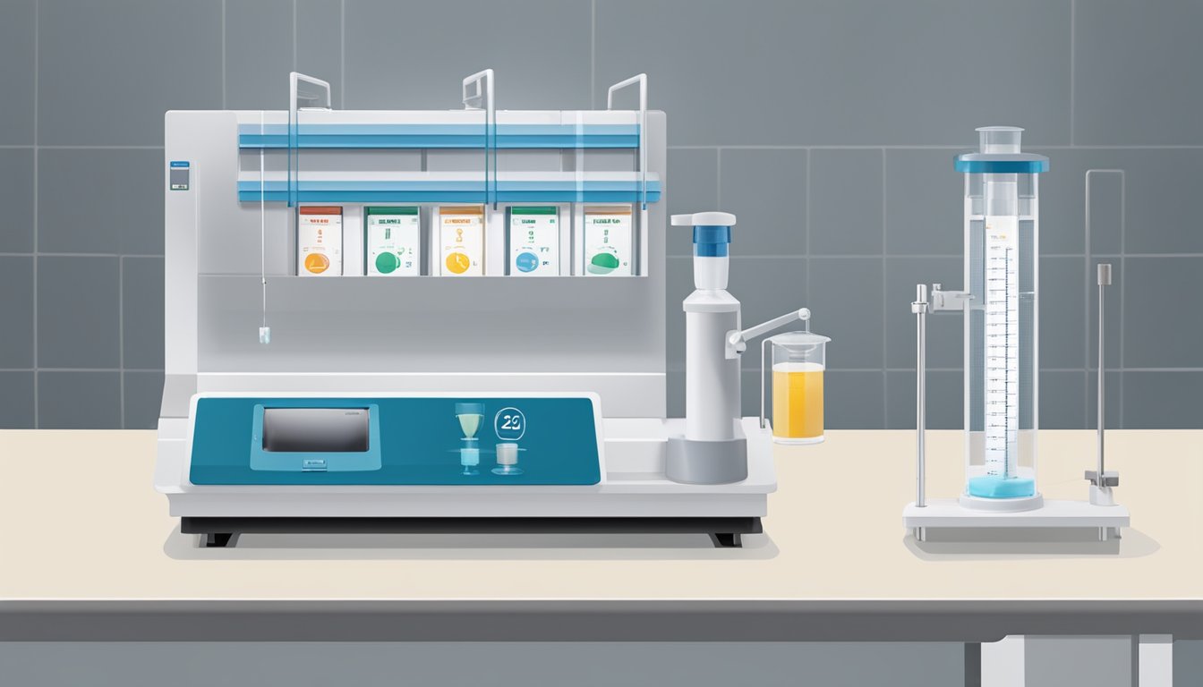 A dispensette sits on a laboratory bench, with clear measurement markings and a smooth, ergonomic design