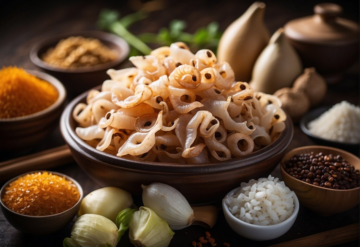 A pile of dried squid, surrounded by traditional Chinese cooking ingredients and utensils