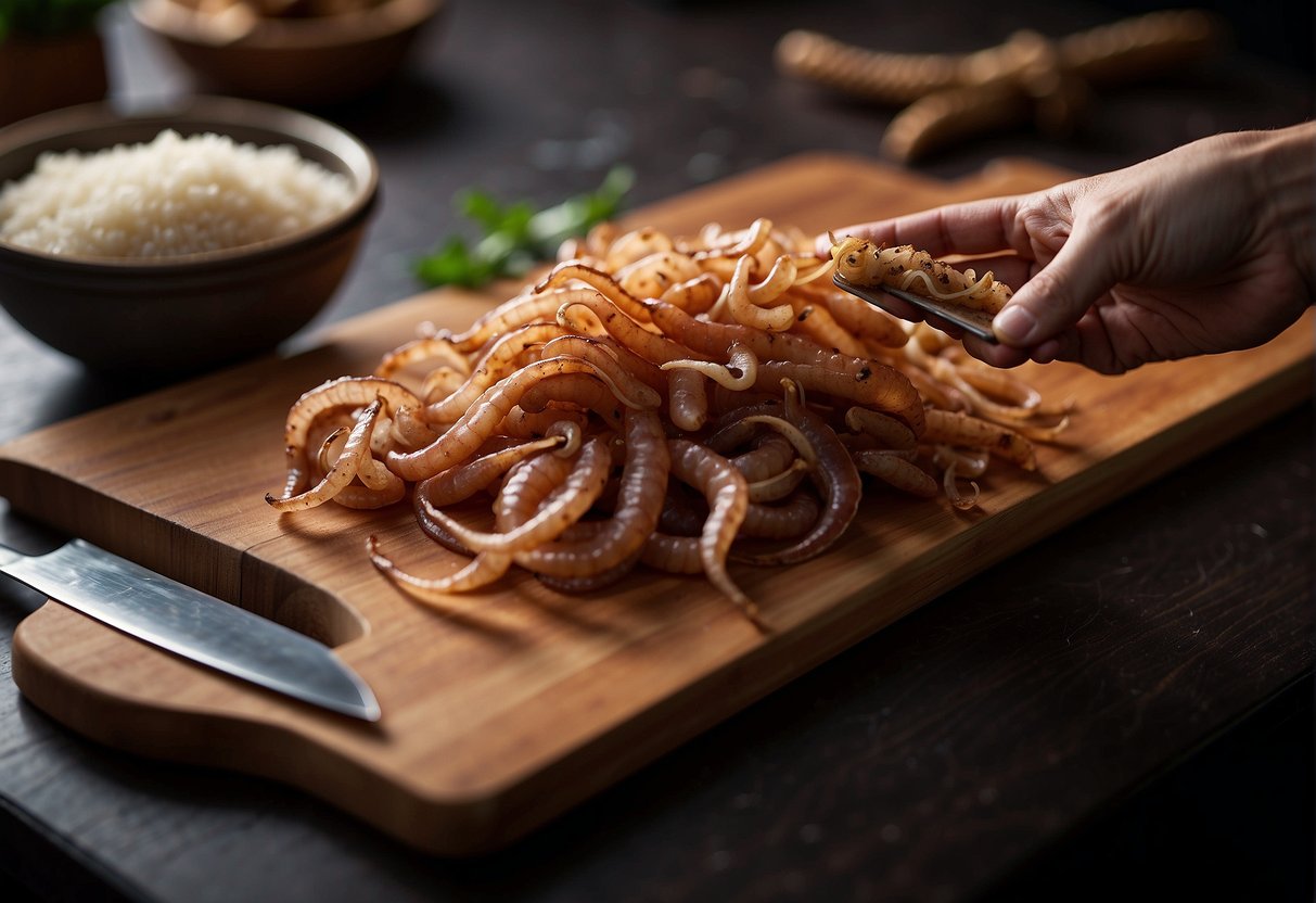 A hand reaches for dried squid, while a cutting board and knife lay nearby. Ingredients for a Chinese squid recipe are arranged neatly