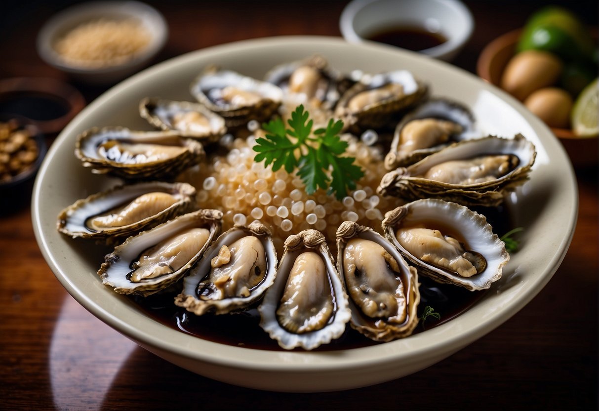 A bowl of dried oysters soaking in a mixture of soy sauce, ginger, and sugar, ready to be cooked in a Chinese recipe