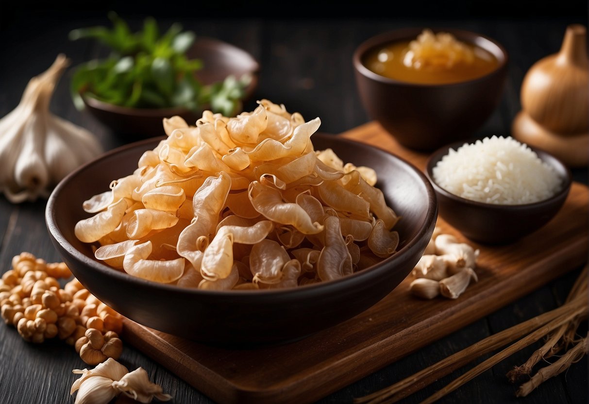 Dried squid, soy sauce, ginger, and garlic on a wooden cutting board. A bowl of rice vinegar and sugar nearby