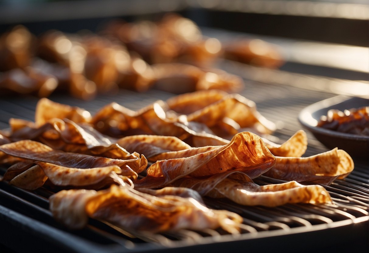 Dried squid is being sliced into thin strips and then marinated in a mixture of soy sauce, sugar, and spices. The strips are then laid out on a wire rack to dry in the sun