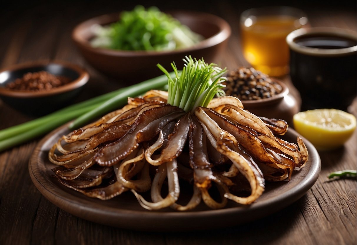 A table displays dried squid, soy sauce, and green onions. A nutrition label lists calories, protein, and sodium