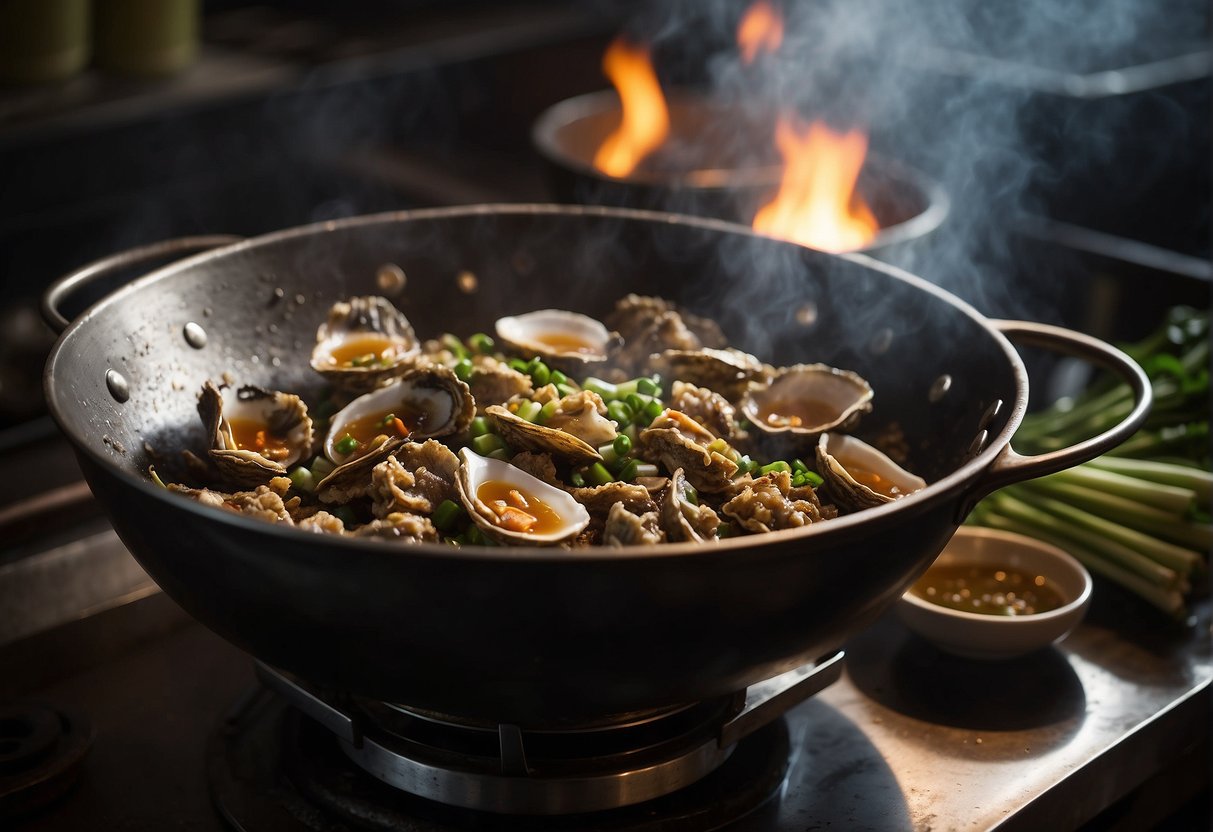 A wok sizzles with dried oysters, ginger, and scallions in a traditional Chinese kitchen, evoking the historical significance of this ancient recipe