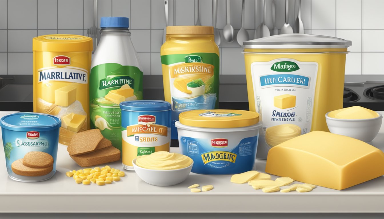 A variety of margarine brands arranged on a kitchen counter, with baking ingredients and utensils in the background