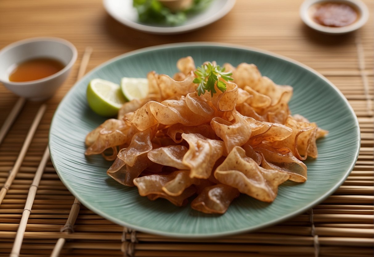 A plate of dried squid arranged with chopsticks and a bowl of dipping sauce on a bamboo placemat