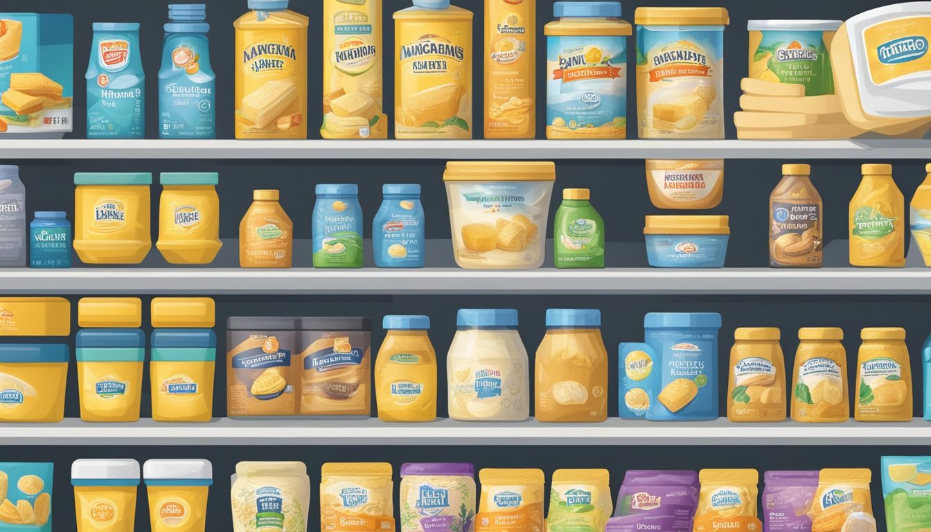 A hand reaches for various margarine brands on a shelf, comparing labels for baking suitability