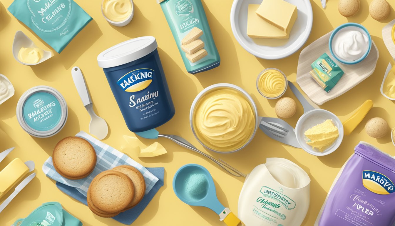 A table filled with top baking margarine brands, surrounded by baking tools and ingredients. Bright, clean, and inviting setting
