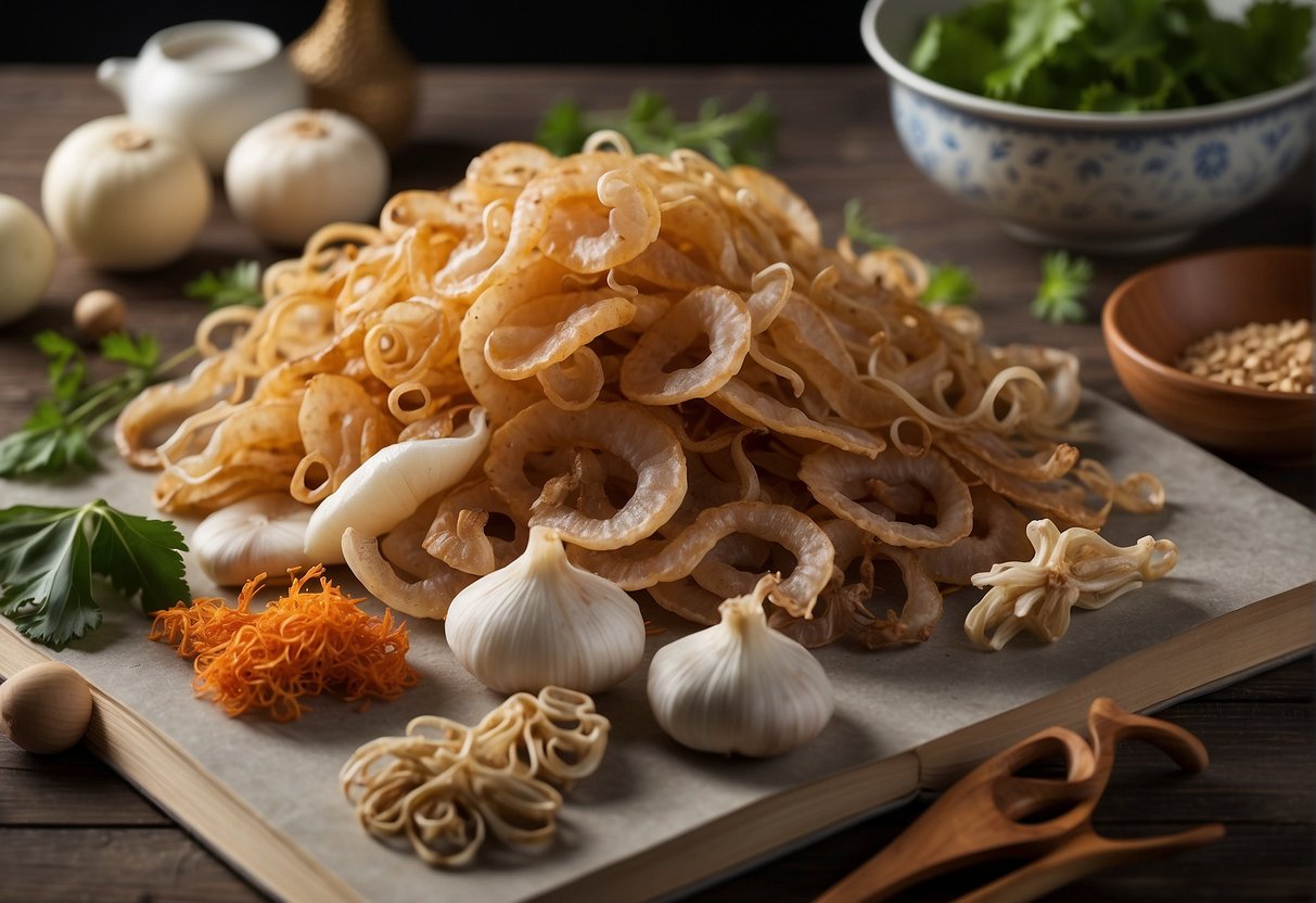 A pile of dried squid surrounded by Chinese cooking ingredients and utensils. A recipe book open to the "Frequently Asked Questions" page