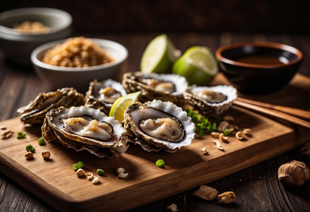Dried oysters, ginger, and soy sauce on a wooden cutting board with a cleaver. A bowl of rice and chopsticks nearby