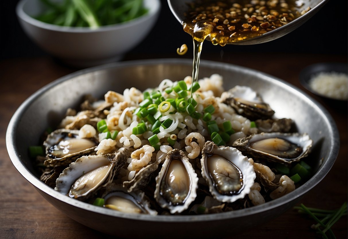 Dried oysters being soaked in water, then stir-fried with ginger, garlic, and green onions in a wok. Soy sauce and sugar added for seasoning