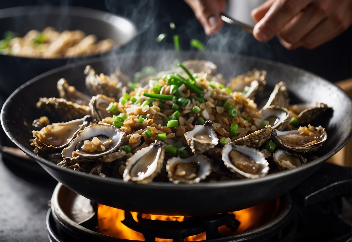 Dried oysters being stir-fried with ginger, garlic, and green onions in a wok. A splash of soy sauce and a sprinkle of sugar added for flavor