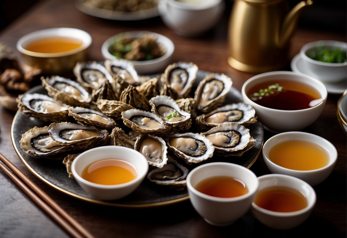 A table set with a variety of dried oysters, chopsticks, and small bowls of dipping sauces. A pot of steaming tea sits nearby