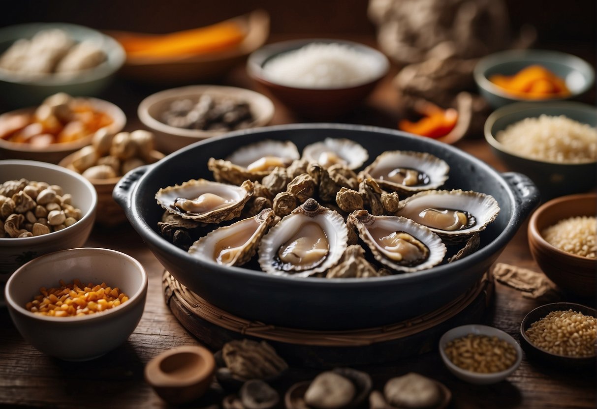 A pile of dried oysters surrounded by traditional Chinese cooking ingredients and utensils