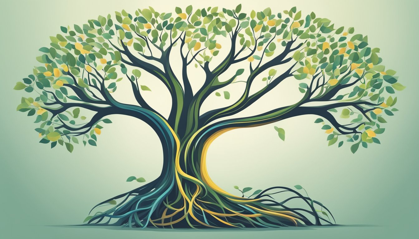 A tree with intertwining roots and branches, representing the interconnectedness and growth of various corporate brands under one unified identity