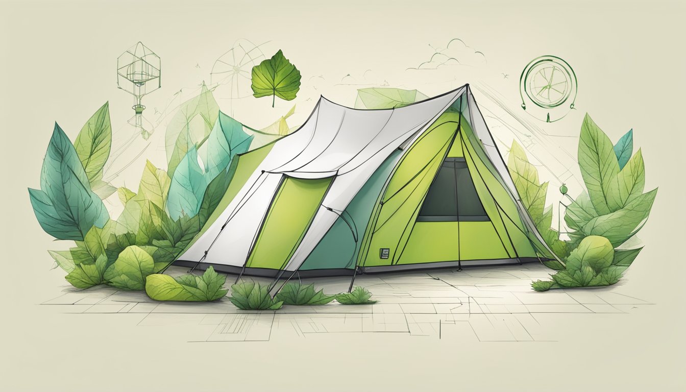A modern, eco-friendly tent brand logo with a leaf and gear symbol, surrounded by innovative design sketches and sustainable materials