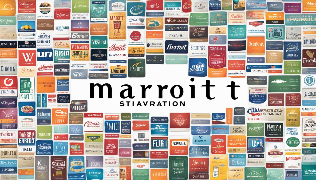 The Marriott logo surrounded by 30 unique brand names in various fonts and sizes