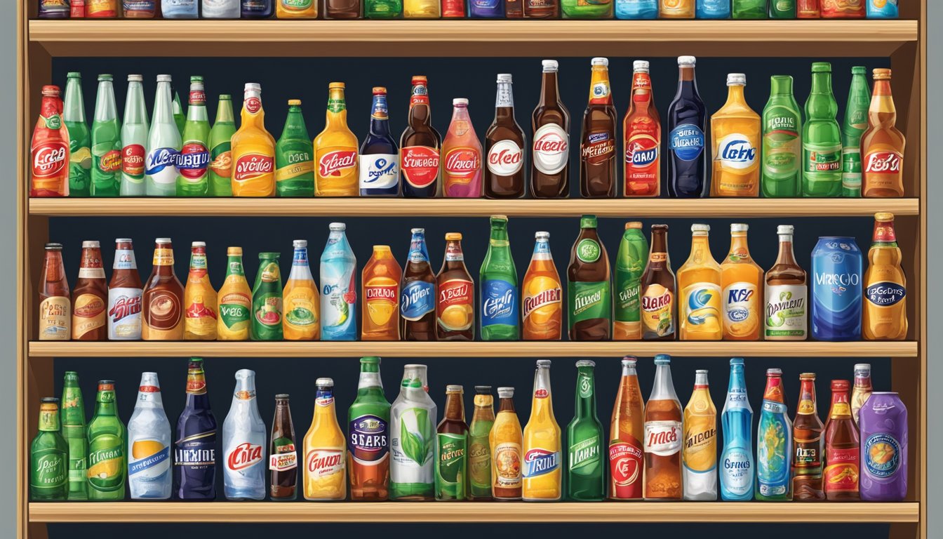A variety of popular drinks brands from the UK are displayed on a shelf, including soda, tea, and alcoholic beverages