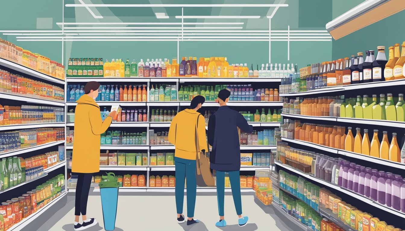 Customers browsing shelves, comparing prices and reading labels of various drinks brands in a bustling UK market