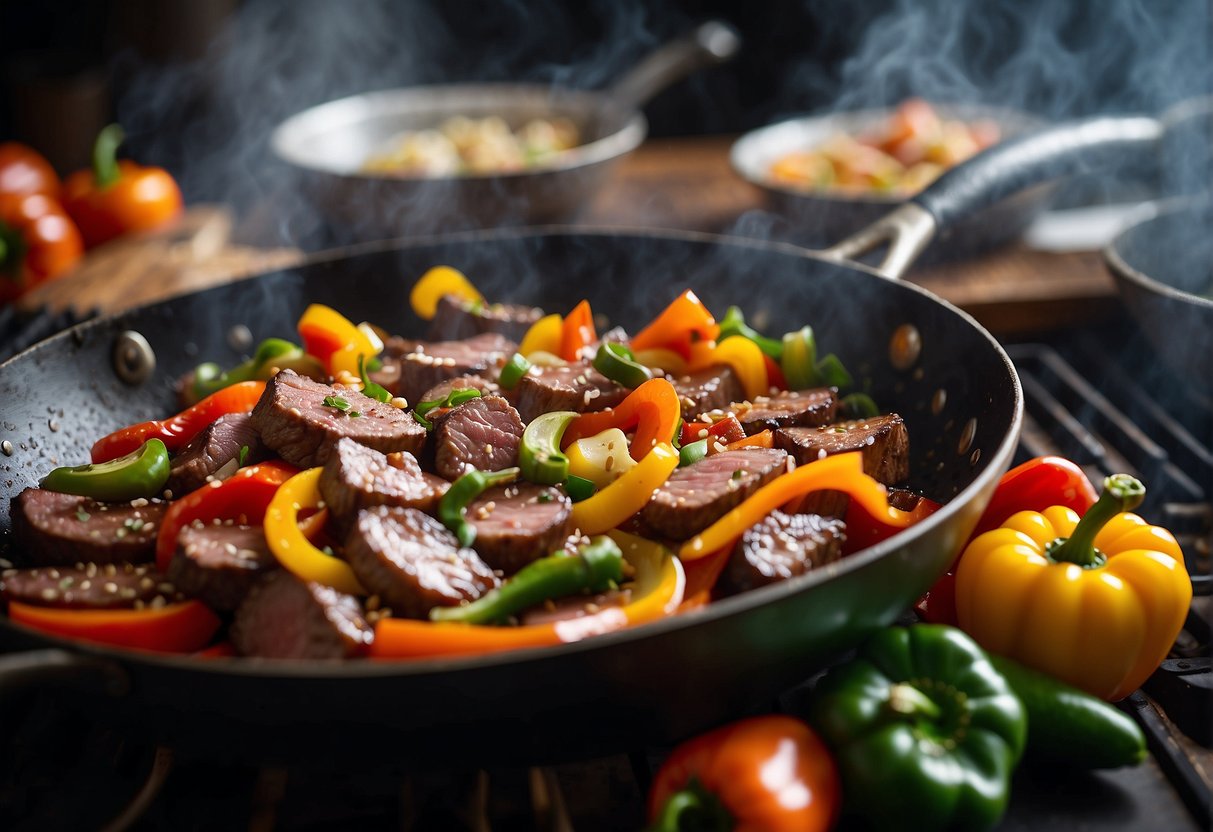 A sizzling wok cooks strips of beef tenderloin with garlic, ginger, and soy sauce, surrounded by colorful bell peppers and onions