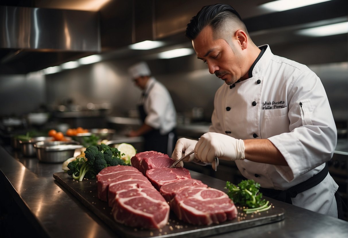 A chef carefully selects a fresh beef tenderloin, then skillfully slices it into thin, uniform pieces for a Chinese beef tenderloin dish