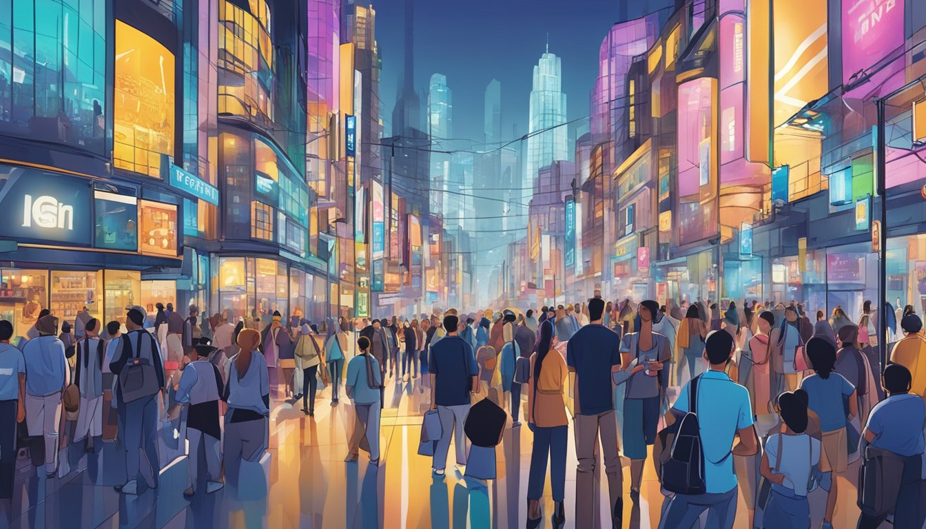 A bustling city street with futuristic drink brand advertisements towering over pedestrians. Bright lights and sleek designs dominate the skyline, hinting at the innovative future of UK drinks brands
