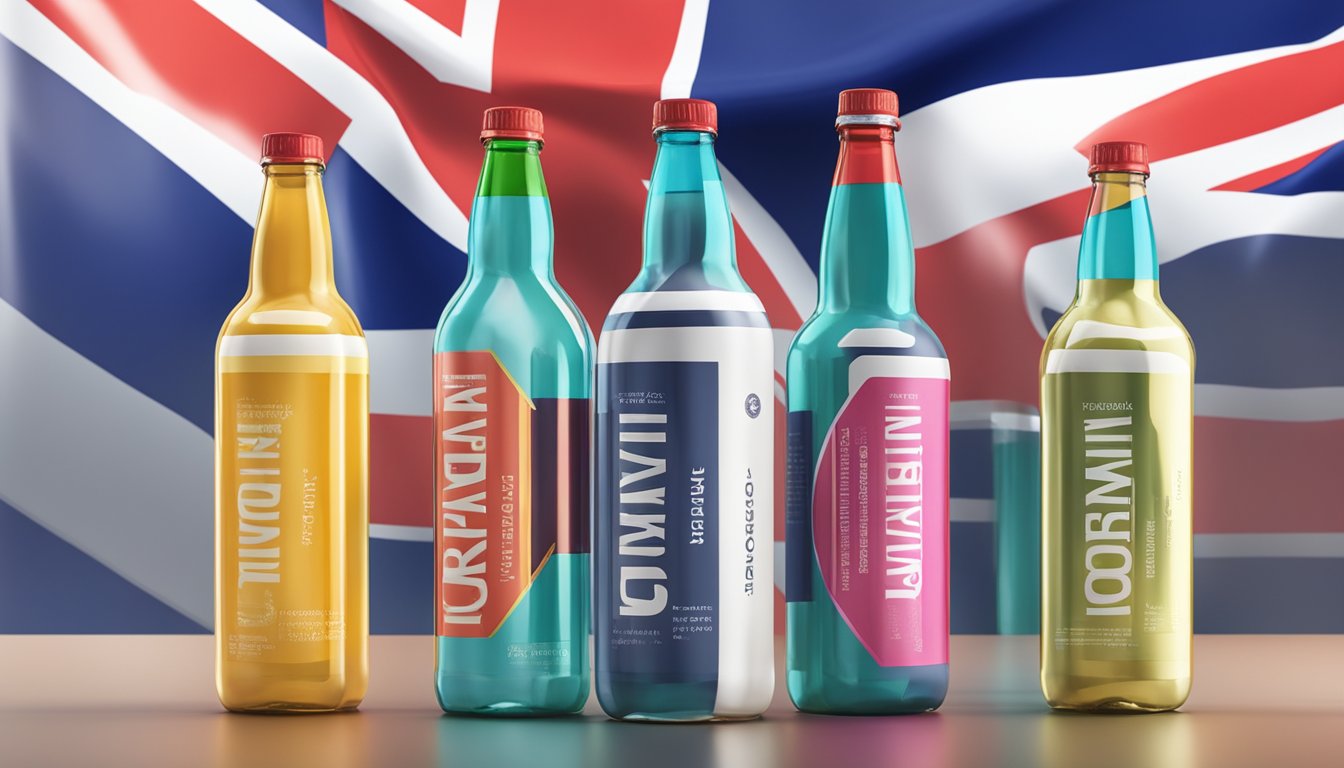 A stack of colorful beverage bottles with "Frequently Asked Questions" labels, set against a backdrop of the UK flag