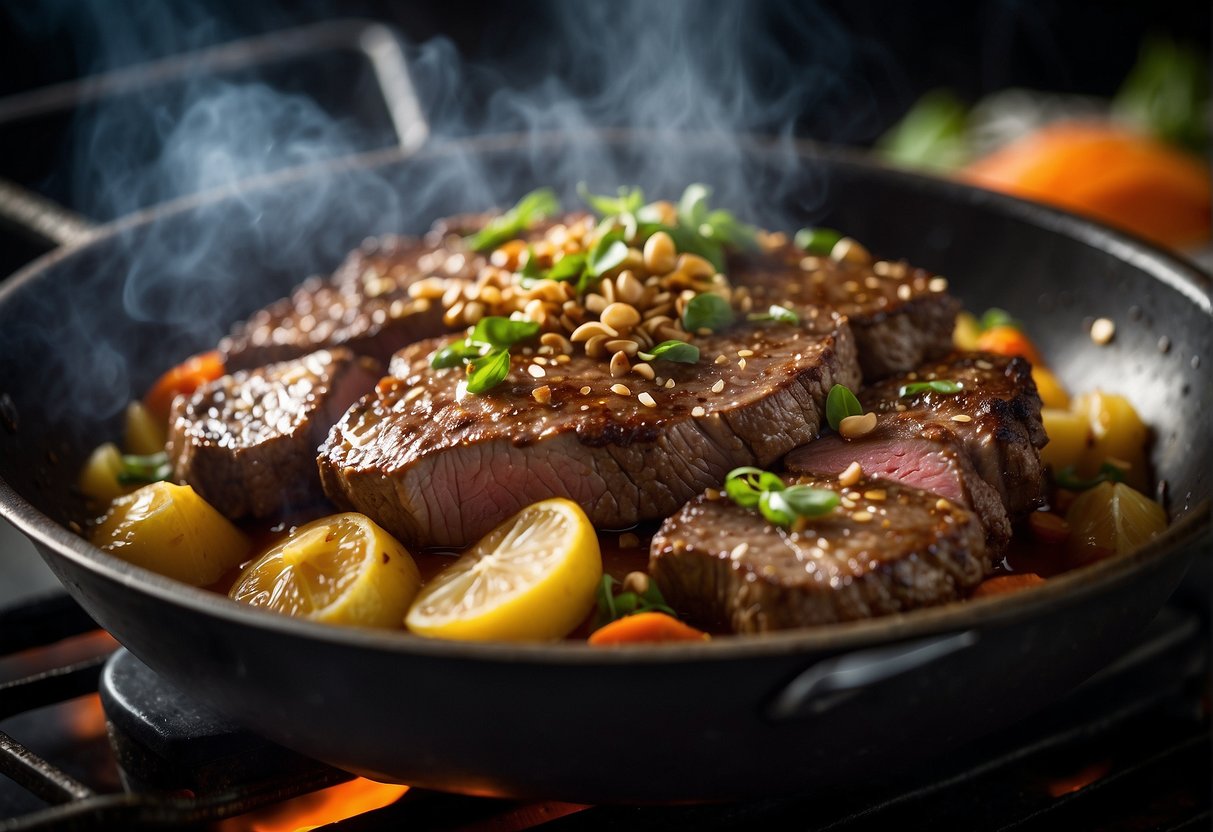 Sizzling beef tenderloin in a wok with garlic, ginger, and soy sauce. Steam rising, vibrant colors, and aromatic smells fill the air