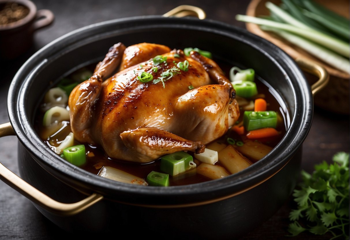 A whole chicken submerged in a pot of Shaoxing wine, soy sauce, ginger, and green onions, simmering over low heat