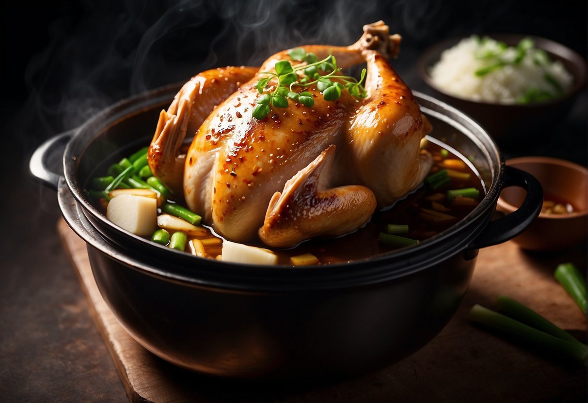 A whole chicken submerged in a pot of Shaoxing wine, soy sauce, ginger, and green onions. Steam rising from the simmering liquid