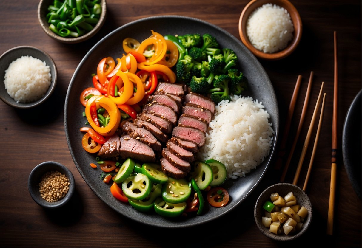 A sizzling hot plate with juicy slices of Chinese beef tenderloin, garnished with vibrant green scallions and sesame seeds, accompanied by a side of steamed rice and colorful stir-fried vegetables