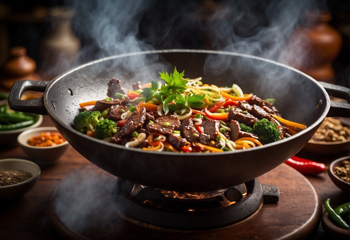 A sizzling wok with marinated beef strips, surrounded by traditional Chinese spices and herbs, as steam rises from the tenderloin