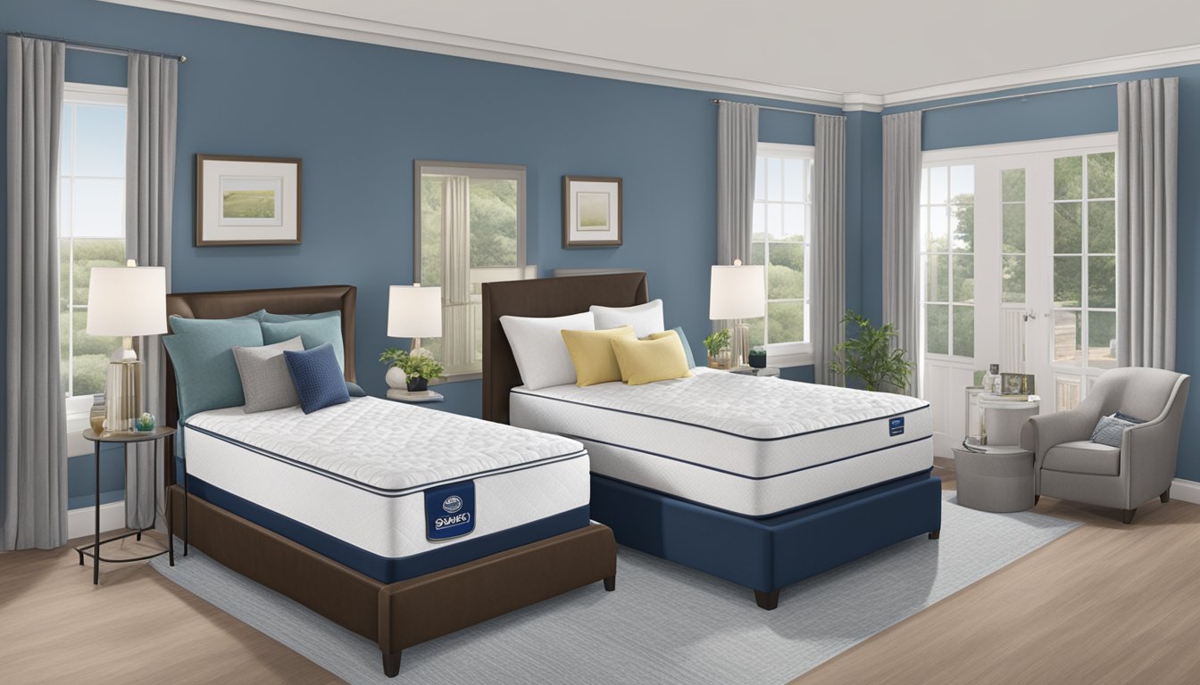 A showroom displays Sealy, Serta, and Simmons mattresses