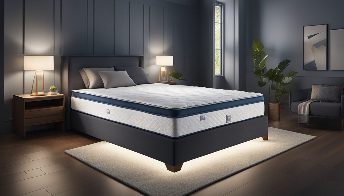 A bright spotlight illuminates the 'S' Brand Mattresses logo, standing out against a dark background