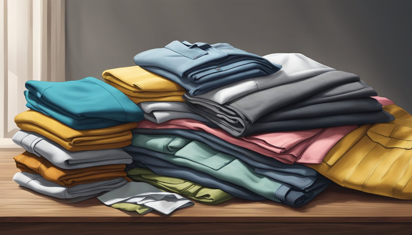 A pile of Dunlop brand clothing neatly folded on a wooden table