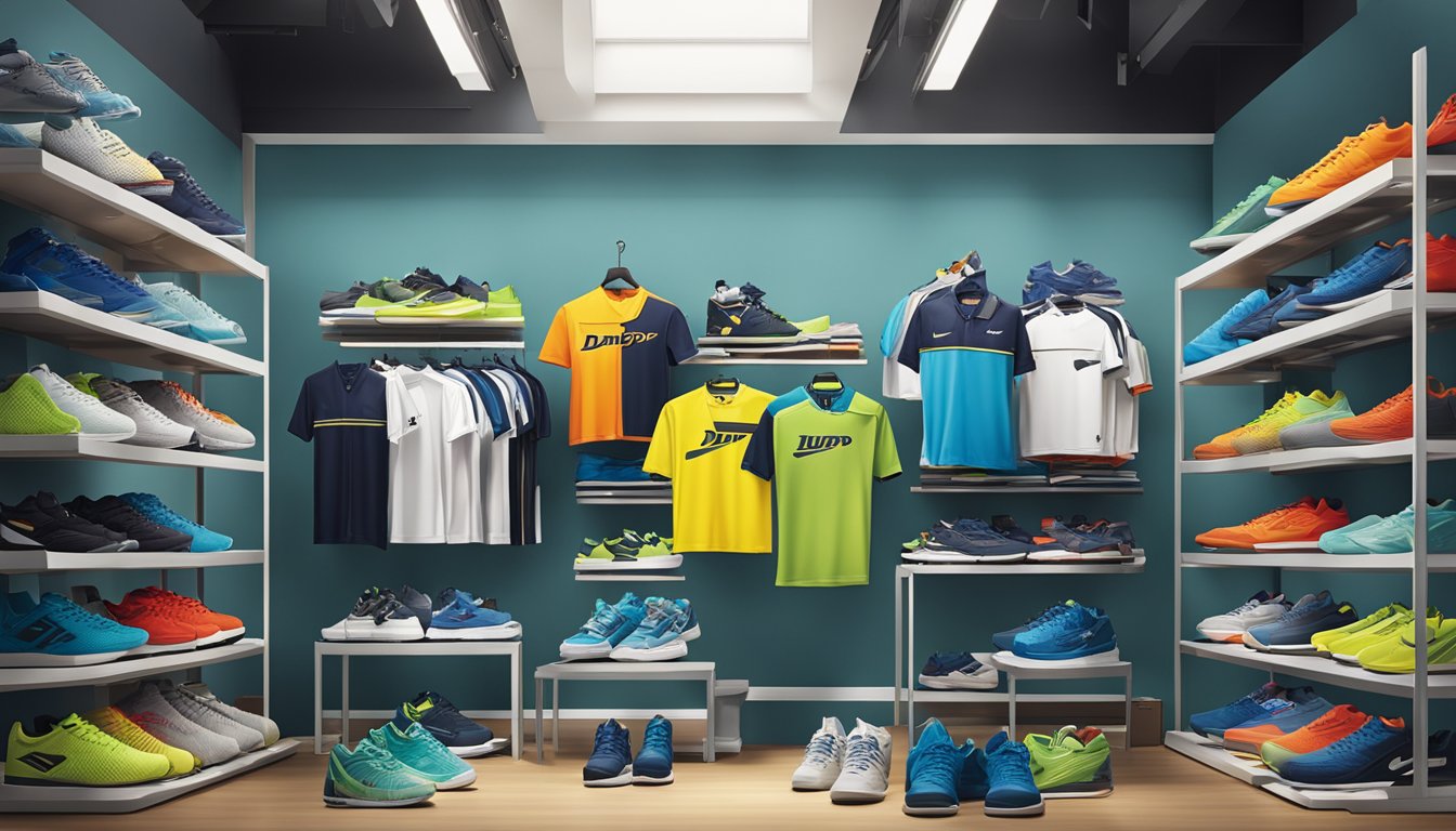 A display of Dunlop's sportswear range, featuring various clothing items such as t-shirts, shorts, and sneakers, arranged on shelves and racks in a well-lit retail store