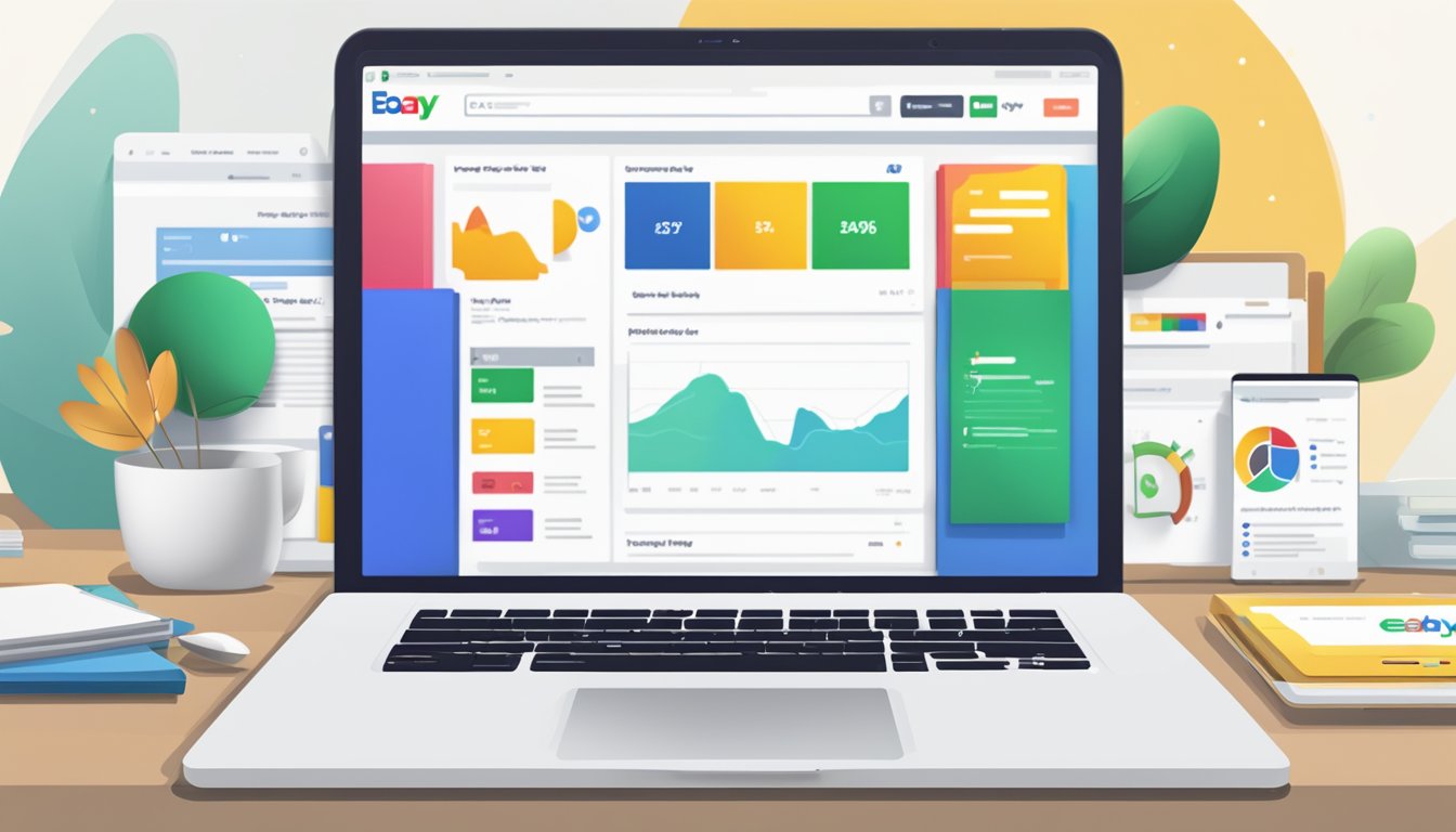 A laptop displaying the eBay homepage, with the logo prominent and a seamless user interface for easy navigation