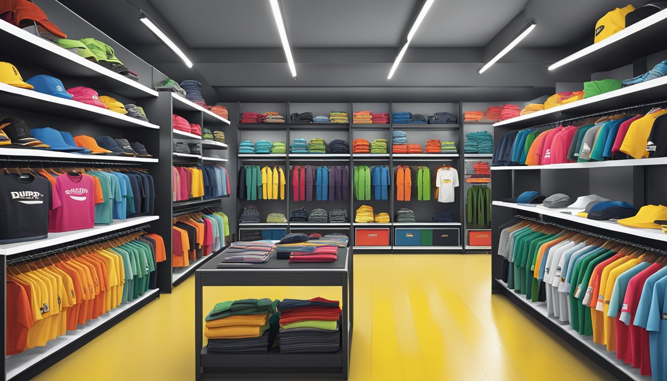 A vibrant display of Dunlop brand clothing, featuring bold logos and modern designs, arranged neatly on shelves with accompanying price tags