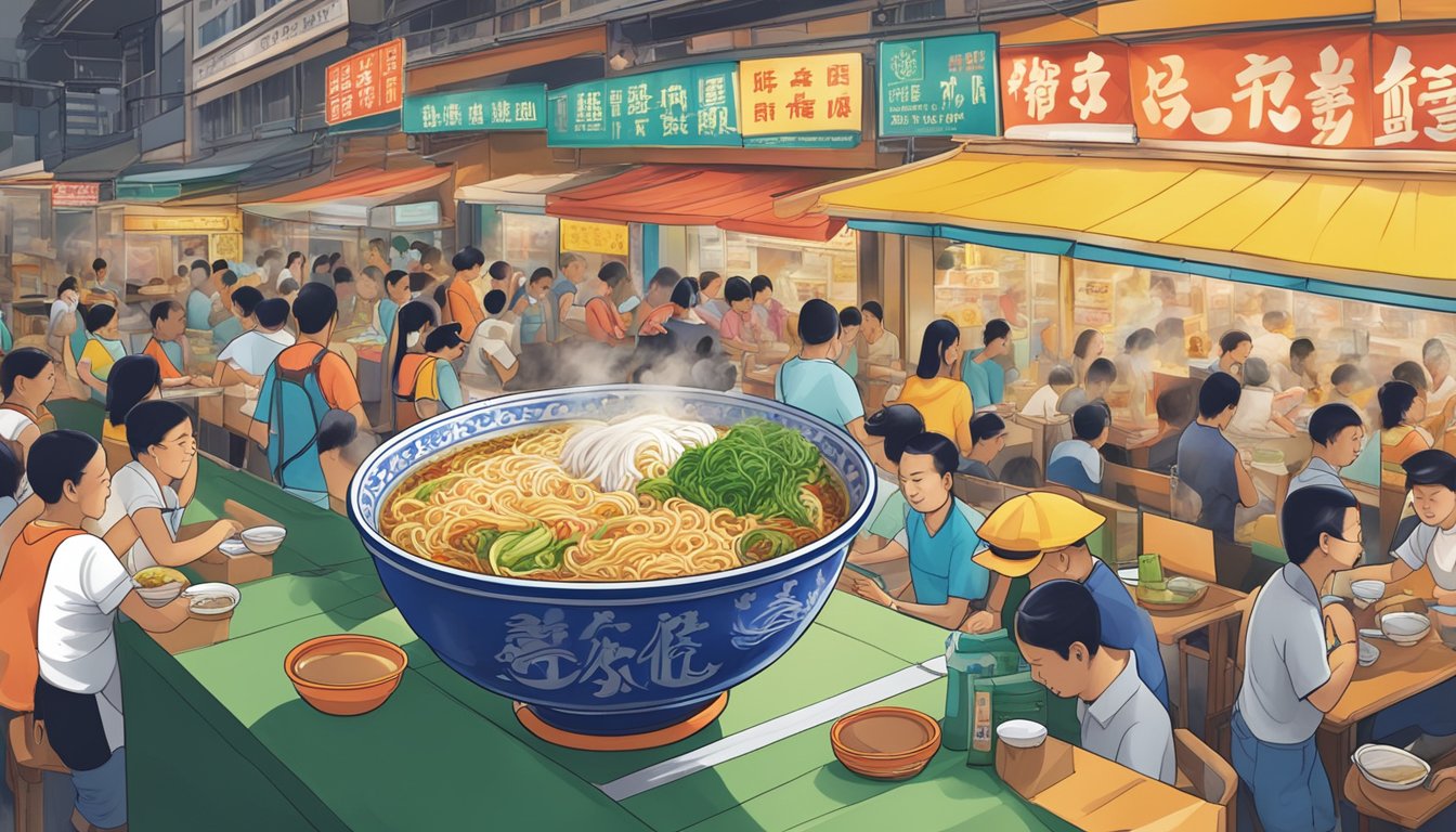 A steaming bowl of mee hoon brand in a vibrant, bustling hawker center