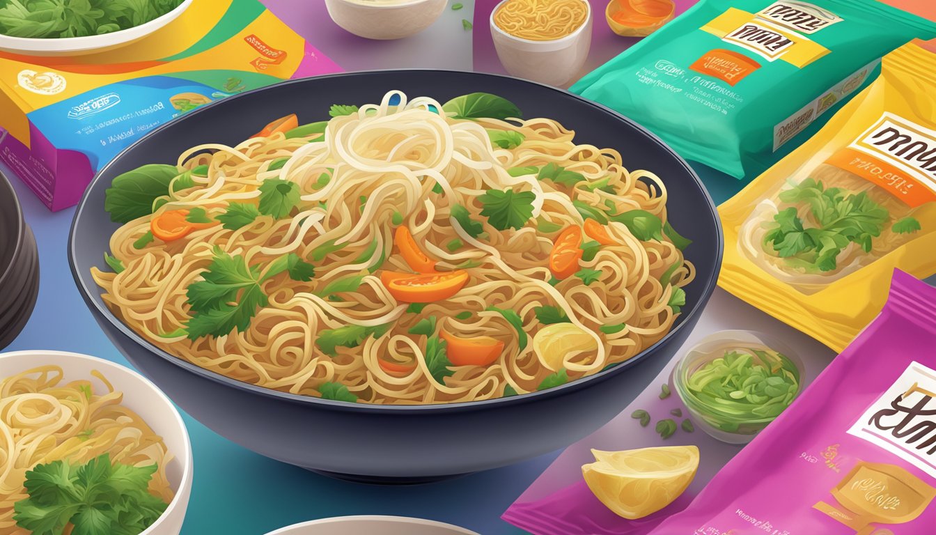 A pack of Mee Hoon noodles stands against a backdrop of vibrant, colorful packaging, with the brand name prominently displayed